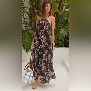 ANTHROPOLOGIE SHEER DRAMA EYELASH TIERED HALTER MAXI DRESS BLACK FLORAL L